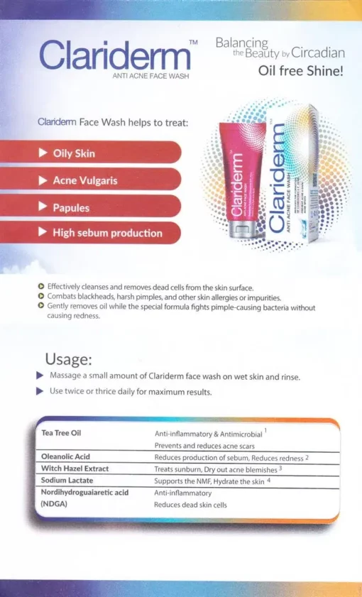 CLARIDERM ANTI ACNE FACE WASH 60ml - Image 3